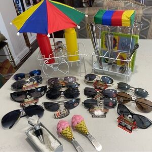 Condiment/matching utensil/napkin holder, 14 pr sunglasses, party accoutrements